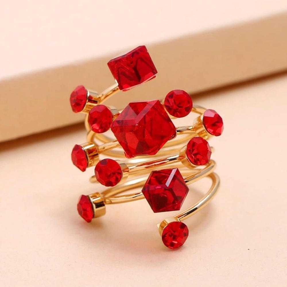 Elegant Red Glass and Gold Spring Coil Adjustable Ring